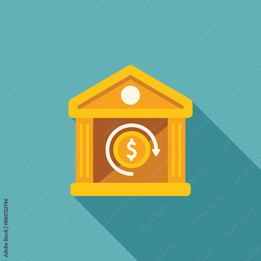 Illustration of a bank facade with a rotating dollar coin inside, depicting a money transaction Illustration of a bank facade with a rotating dollar coin inside, depicting a money transaction