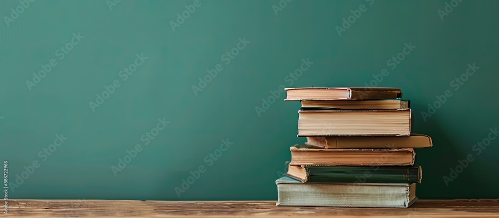 Arranging educational or novel books on a stack over a petrol green background with space for text on a wooden table. Copy space image. Place for adding text and design Arranging educational or novel books on a stack over a petrol green background with space for text on a wooden table. Copy space image. Place for adding text and design