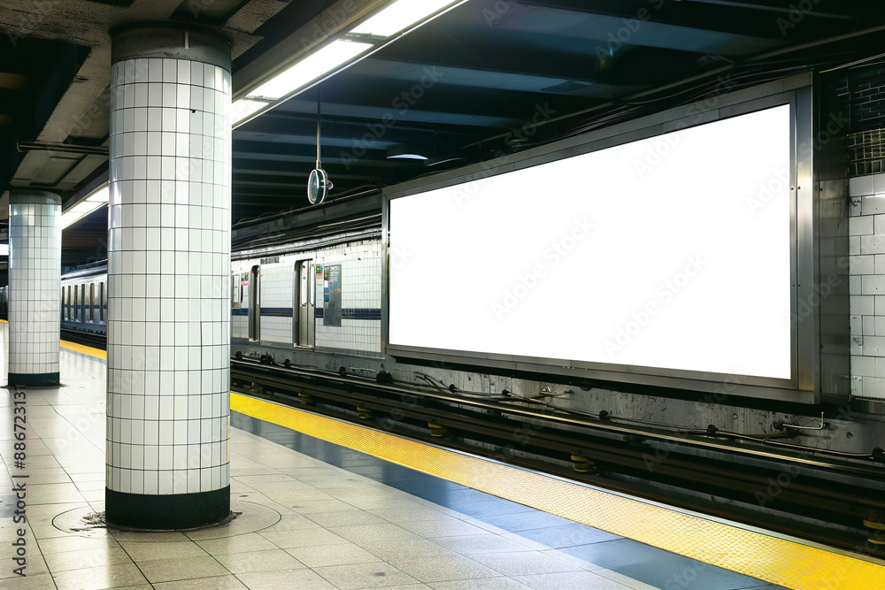 Blank billboard, blank information board on subway platform, Generative AI