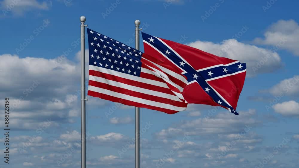 Confederate States Army and USA flags flying together, video concept of the relationship, two country relations concept Confederate States Army and USA flags flying together, video concept of the relationship, two country relations concept