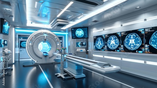 CuttingEdge Medical Technology Advanced Diagnostics Room with Digital Screens Displaying MRI CT and Xray Images in Sleek HighTech Setting