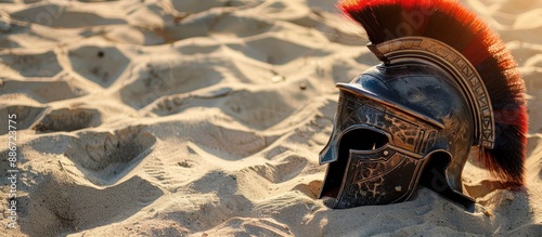 Empty copy space image for inscription featuring a Roman or Ancient Greek Legionary helmet on a sandy backdrop evoking an ancient warrior s essence photo