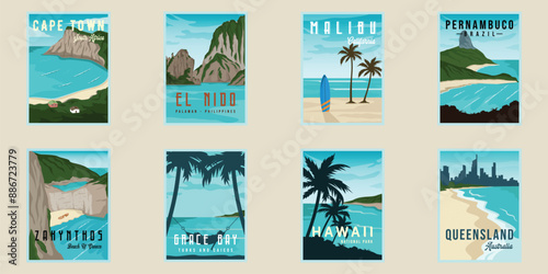 set of various island or beach poster vector illustration template graphic design. bundle collection of travel banner and sign for business or vacation concept
