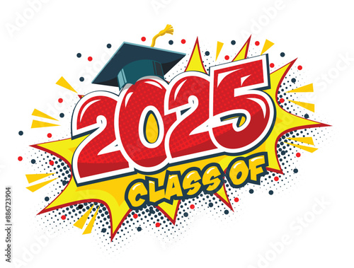 2025 class graduate header. Decorate congratulation for school graduates in comic cartoon style. Vector on transparent background