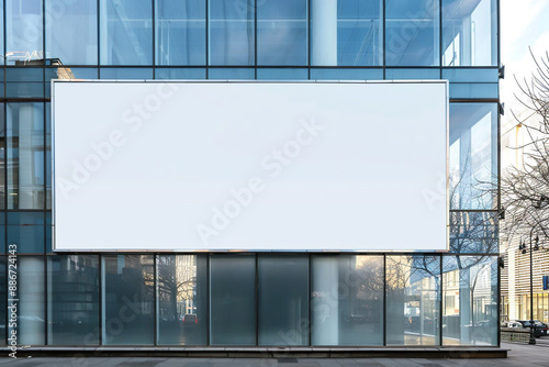 Blank billboard, empty information board in a building with exterior walls made of glass, Generative AI