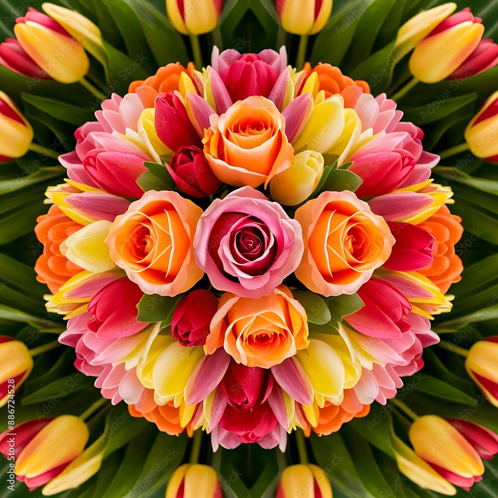 Spring bouquet of bright multi colored flowers close up bouquet of roses tulips in green leaves Spring bouquet of bright multi colored flowers close up bouquet of roses tulips in green leaves