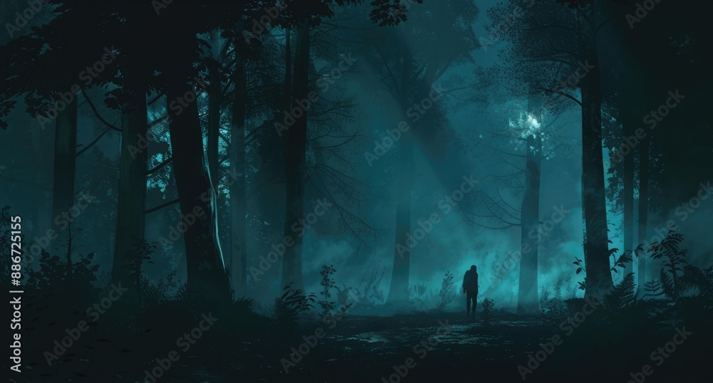 Fototapeta premium Silhouette of a Lone Figure in a Foggy Forest