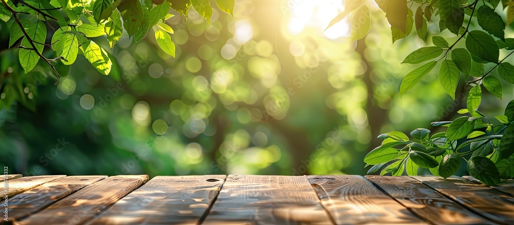 Sunny spring day with green leaves casting shadows on a brown wooden table set against a blurred garden backdrop creating a copy space image for your product in a natural setting Sunny spring day with green leaves casting shadows on a brown wooden table set against a blurred garden backdrop creating a copy space image for your product in a natural setting