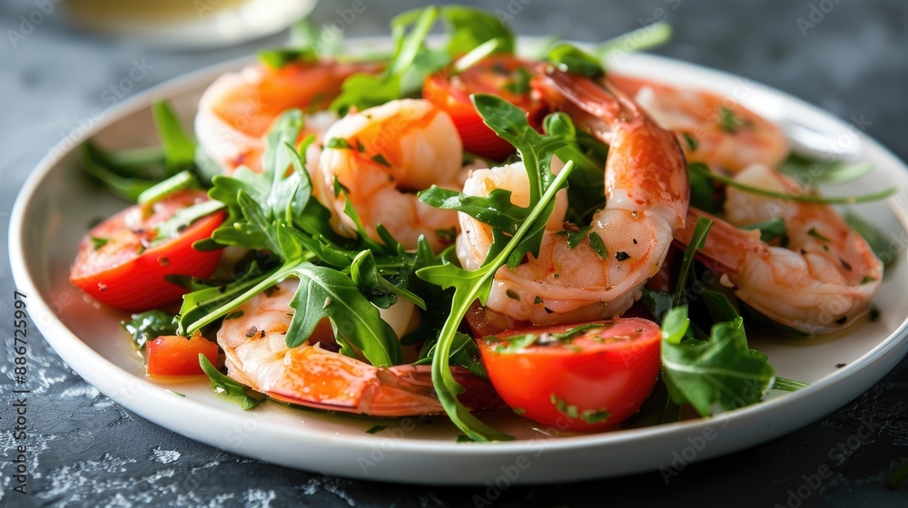 Fresh salad of shrimps tomatoes arugula and herbs on a white plate Fresh salad of shrimps tomatoes arugula and herbs on a white plate