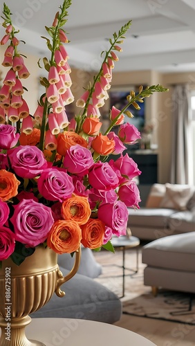 Fresh bouquet of roses and foxgloves flowers put in vase in living room interior and home decor pink orange blooms close up