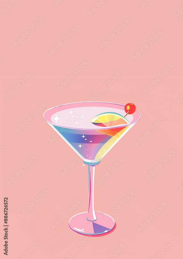 Martini glass with cocktail cherry in neon rainbow colors with rosé pastel pink background birthday card Illustration Martini glass with cocktail cherry in neon rainbow colors with rosé pastel pink background birthday card Illustration