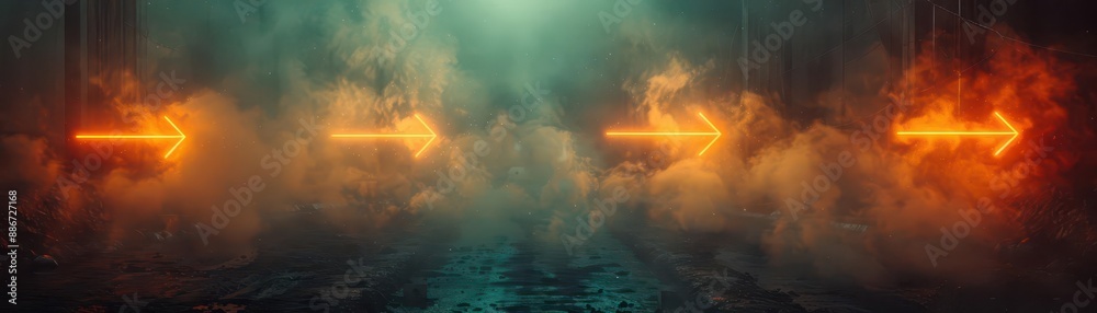 Fototapeta premium Abstract arrows shooting upward through a smoky background, symbolizing business development and forward momentum, intense and dynamic