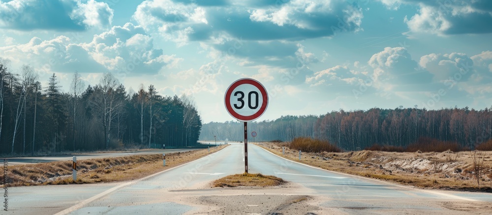 Sign displaying a 30 km h speed limit in a zone with ample space for ...