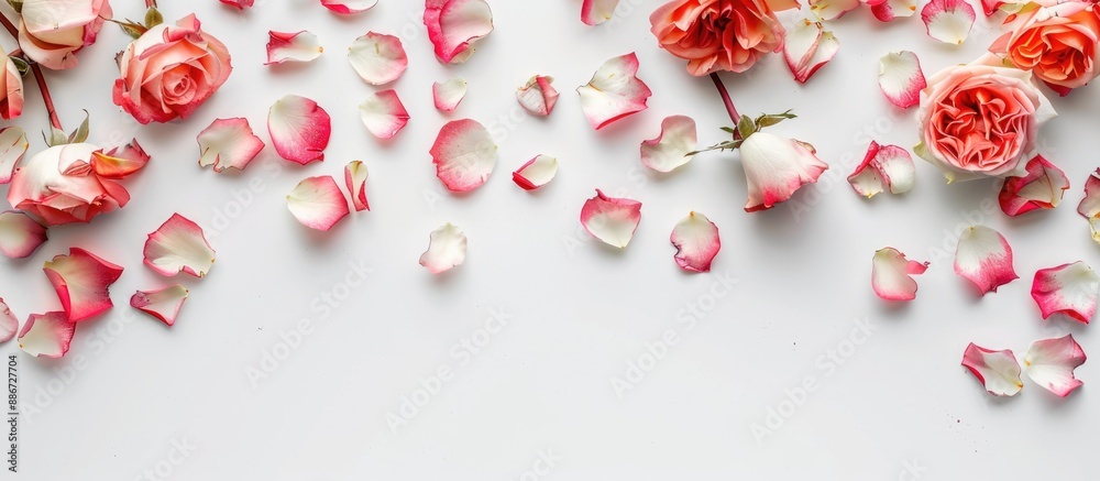 White background adorned with delicate rose flowers and petals perfect for copy space image White background adorned with delicate rose flowers and petals perfect for copy space image