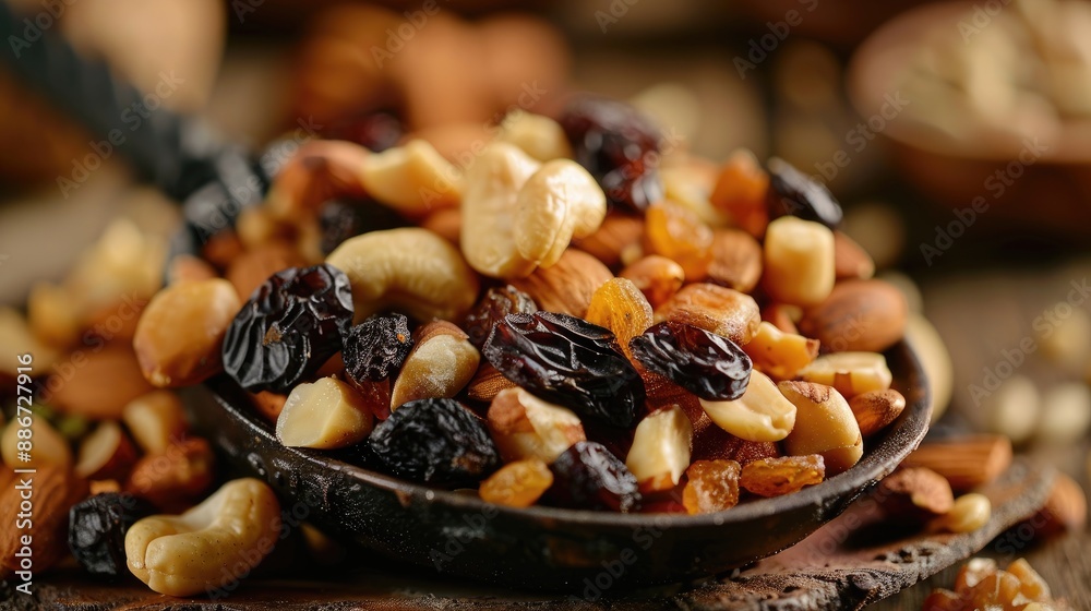 Healthy trail mix snack made of nuts walnut almond peanut and dried fruits raisin sultana on iron scoop Selective Focus Focus on the front of the almond Healthy trail mix snack made of nuts walnut almond peanut and dried fruits raisin sultana on iron scoop Selective Focus Focus on the front of the almond