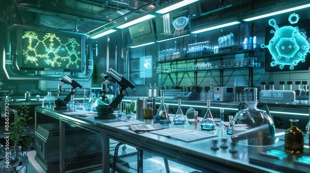 CuttingEdge Science Futuristic Laboratory with Advanced Microscopes Petri Dishes and Molecular Displays CuttingEdge Science Futuristic Laboratory with Advanced Microscopes Petri Dishes and Molecular Displays
