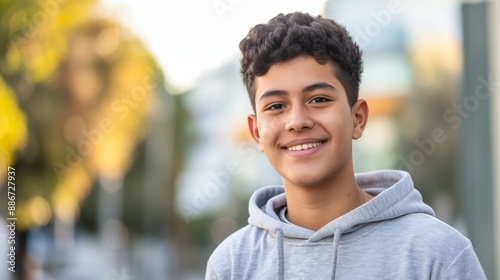 Diverse Hispanic Teenager Smiling Outdoors in Casual Hoodie, Natural Light, Urban Background