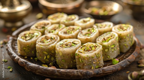 Pista Roll Or Pistachio Rolls Mithai or sigar Indian sweet or dessert for festivals photo