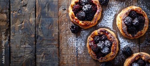 Blackberry puff pastry dusted with sugar on a wooden backdrop with room for text or images. Copy space image. Place for adding text and design photo