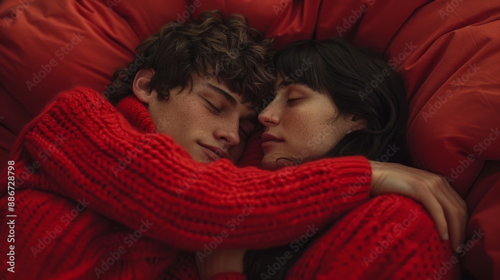 two people in a red sweater hugging two people in a red sweater hugging