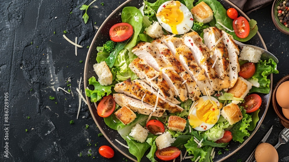 Sliced chicken breast and fresh green salad Italian food Caesar salad with chicken parmesan cheese lettuce eggs tomatoes and croutons Vertical orientation top view Sliced chicken breast and fresh green salad Italian food Caesar salad with chicken parmesan cheese lettuce eggs tomatoes and croutons Vertical orientation top view
