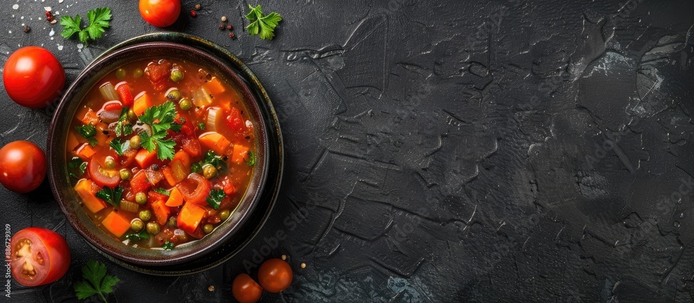 Image of minestrone soup suitable for breakfast with copy space Image of minestrone soup suitable for breakfast with copy space