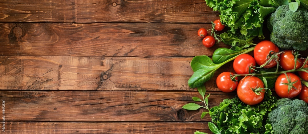 Fresh vegetables displayed on a wooden surface with copy space image Fresh vegetables displayed on a wooden surface with copy space image