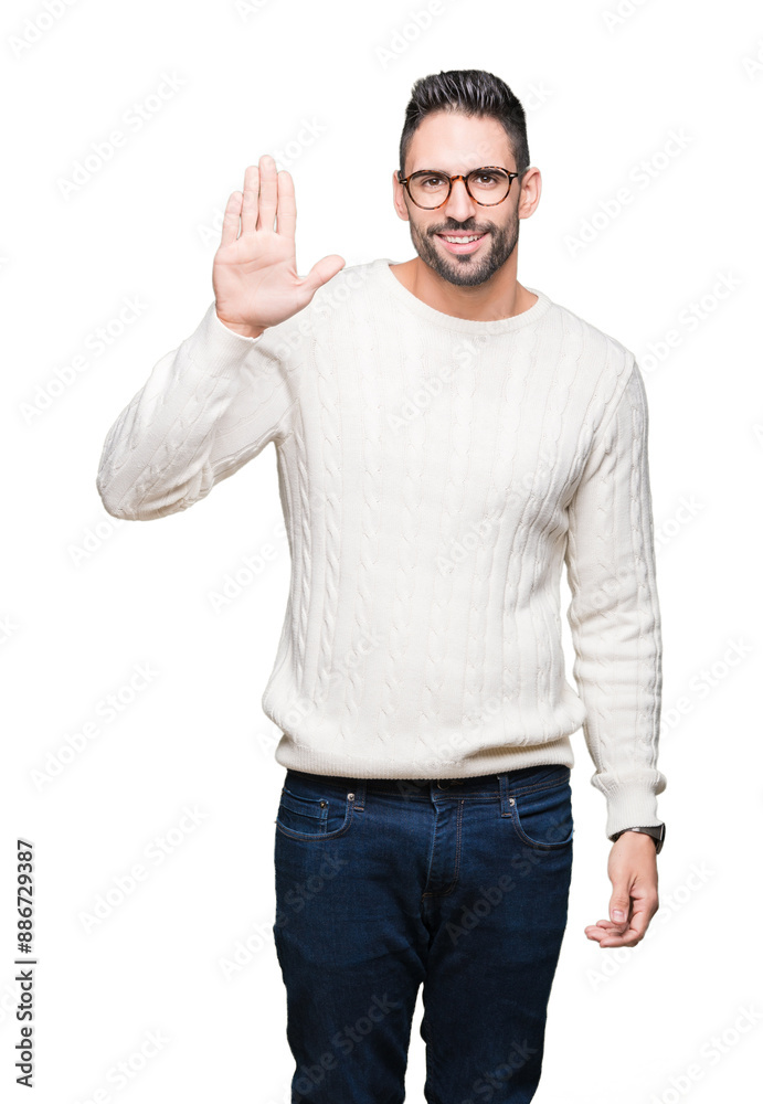 Young handsome man wearing glasses over isolated background Waiving saying hello happy and smiling, friendly welcome gesture Young handsome man wearing glasses over isolated background Waiving saying hello happy and smiling, friendly welcome gesture