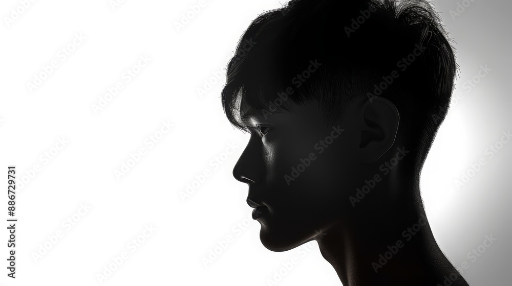 Sad Caucasian Man Silhouette: Black-and-White Profile on White Background - Generative AI Visual Sad Caucasian Man Silhouette: Black-and-White Profile on White Background - Generative AI Visual