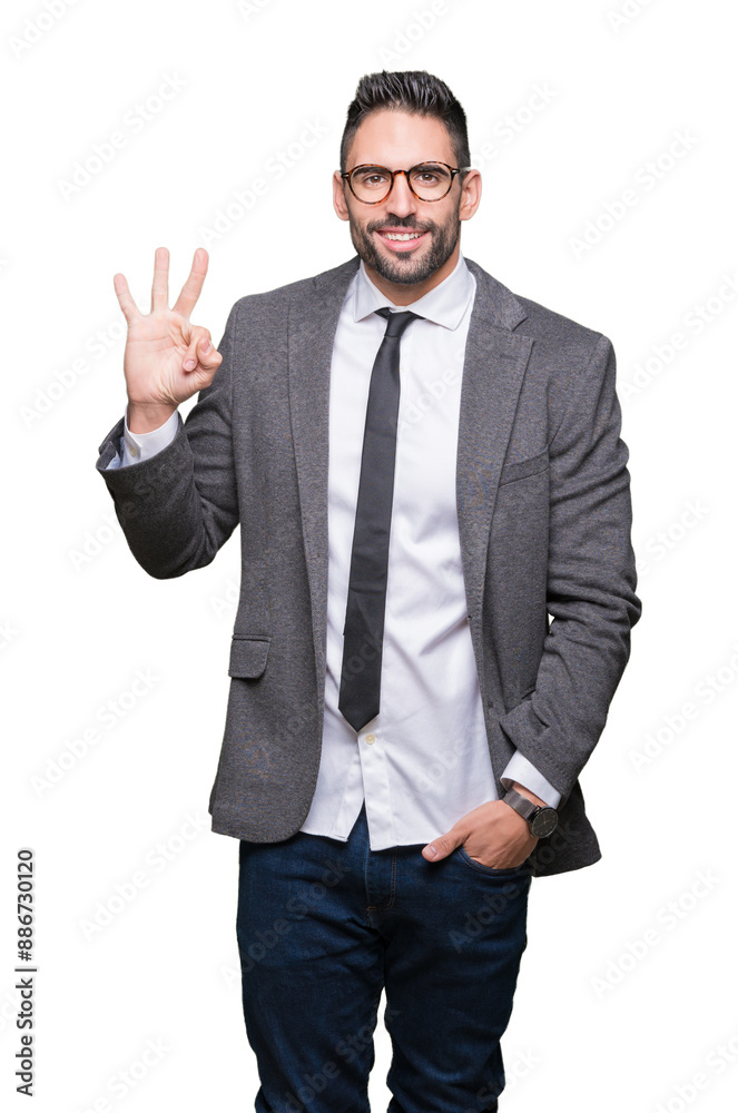 Young handsome business man over isolated background showing and pointing up with fingers number three while smiling confident and happy. Young handsome business man over isolated background showing and pointing up with fingers number three while smiling confident and happy.