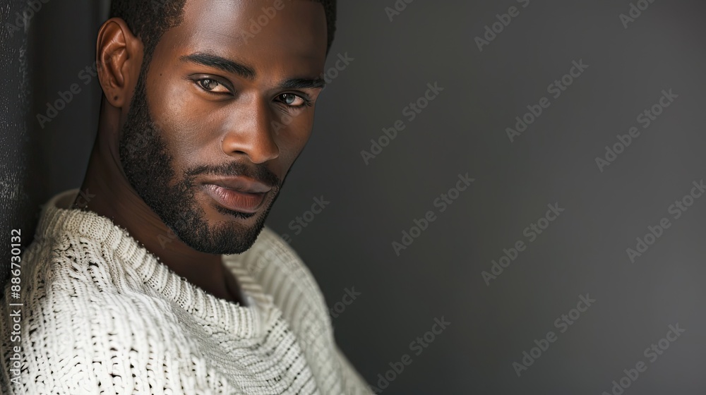 appealing african american man in white sweater standing and looking at camera hand behind back appealing african american man in white sweater standing and looking at camera hand behind back
