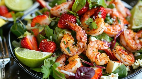 Vertical image showcasing a colorful salad with cheese and strawberries and a shrimp appetizer with lime photo