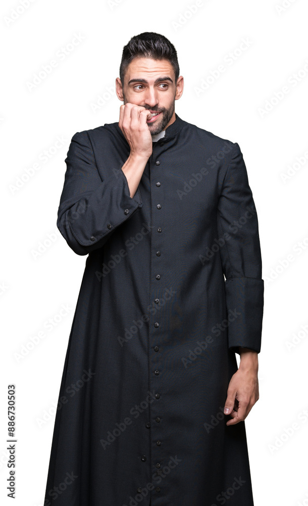 Young Christian priest over isolated background looking stressed and nervous with hands on mouth biting nails. Anxiety problem. Young Christian priest over isolated background looking stressed and nervous with hands on mouth biting nails. Anxiety problem.