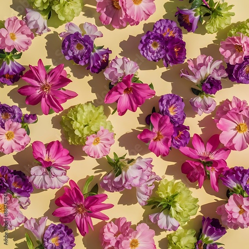 Wallpaper Mural Top view image of pink purple and green flowers composition over pastel yellow background flat lay Torontodigital.ca