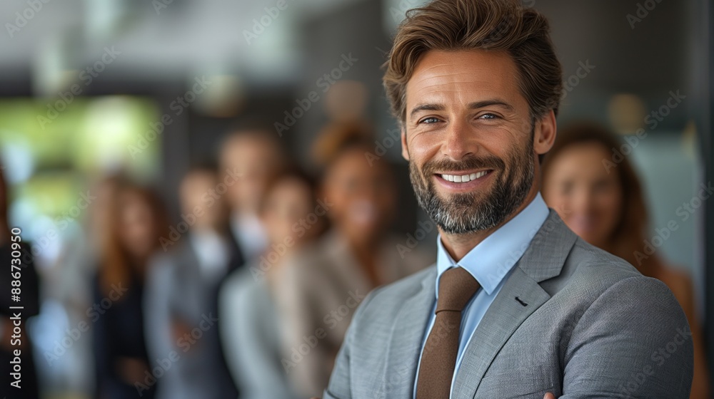 Confident businessman smiling in the foreground with his team in a modern office background. Confident businessman smiling in the foreground with his team in a modern office background.