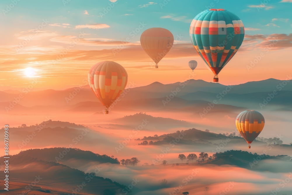 Fototapeta premium Hot Air Balloons Soaring Above a Misty Mountain Landscape