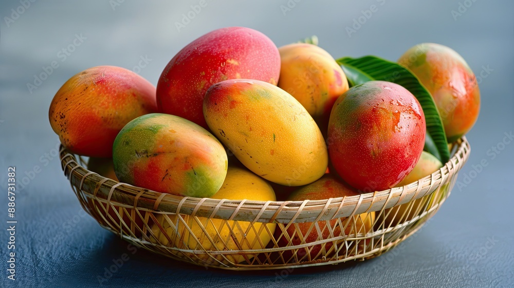 Fruit basket full of ripe mangoes A wicker basket full of fresh ripe mangoes Fruit basket full of ripe mangoes A wicker basket full of fresh ripe mangoes