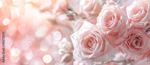 Soft pastel card featuring delicate roses framing blooming flowers on a festive background with selective focus and toned colors perfect for a copy space image