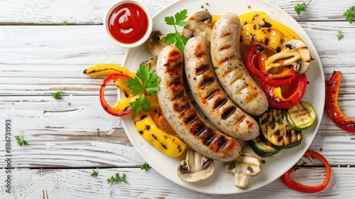 grilled white sausages Weisswurst grilled yellow and red peppers zucchini and mushrooms with ketchup on white plate on white wooden table horizontal view from above flat lay close up photo