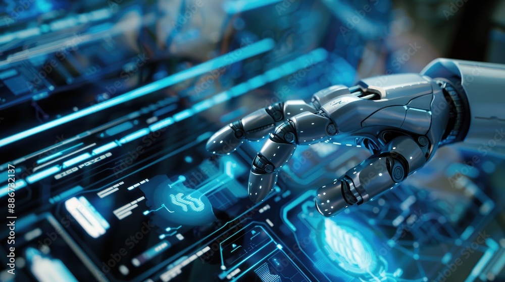 Fototapeta premium Metal robot finger tapping on a digital hologram blue screen, with focus on technology interface.