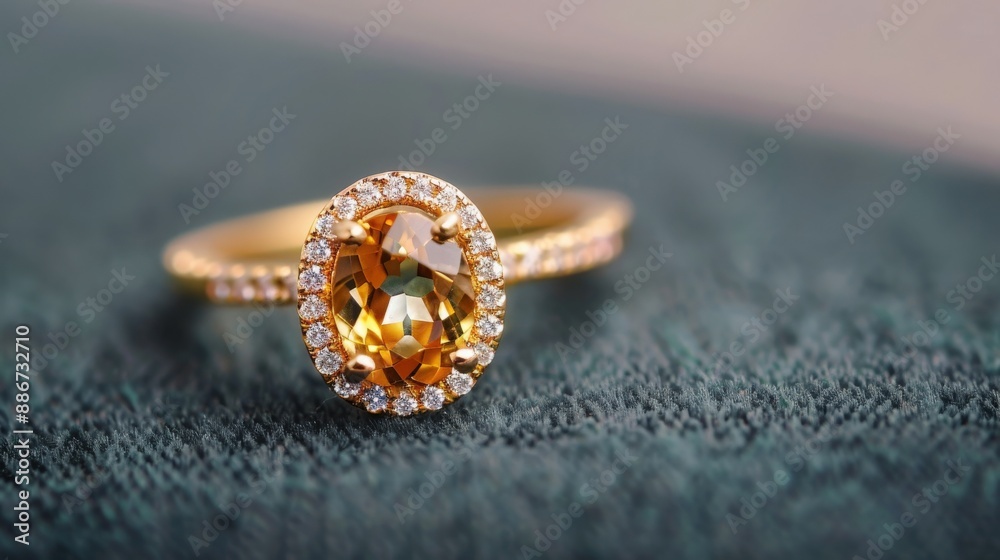 Close-up of a stunning gold ring with an oval yellow gemstone, perfect for engagements or special occasions, set on a textured green surface.
