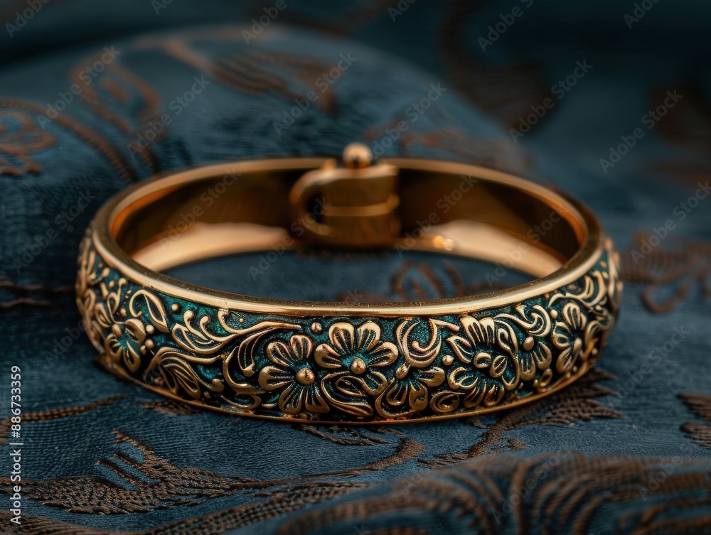 Elegant gold bracelet with intricate floral designs on a rich blue fabric background. Perfect for jewelry and luxury aesthetics. Elegant gold bracelet with intricate floral designs on a rich blue fabric background. Perfect for jewelry and luxury aesthetics.