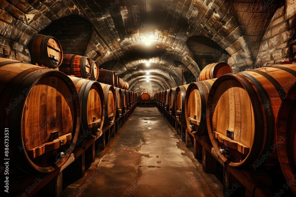 Wine cellar interior features rows of wooden barrels with oak finish. Dimly lit room showcases stone arches on ceiling. Perspective from below offers comprehensive view of barrels and layout. Wine cellar interior features rows of wooden barrels with oak finish. Dimly lit room showcases stone arches on ceiling. Perspective from below offers comprehensive view of barrels and layout.