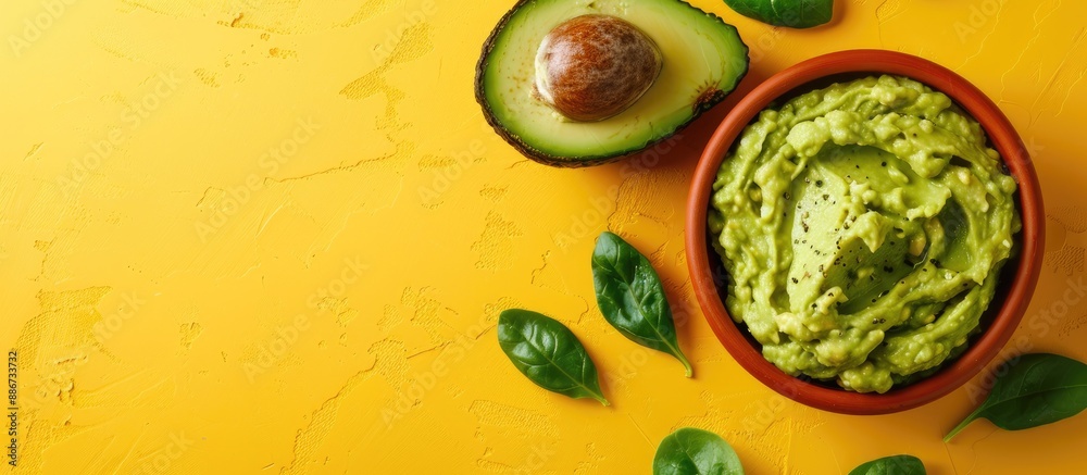 Avocado dip presented in a bowl atop a yellow backdrop with ample copy space image It is a nutritious spread made from avocados seen from a top down perspective Avocado dip presented in a bowl atop a yellow backdrop with ample copy space image It is a nutritious spread made from avocados seen from a top down perspective