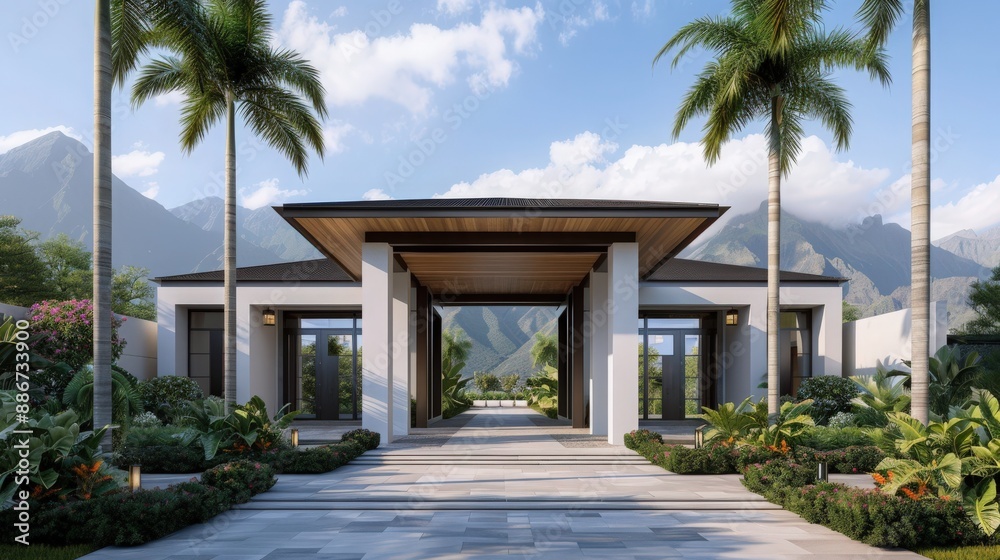 Modern tropical villa entrance with palm trees and mountain backdrop, showcasing luxurious architecture in a serene setting.