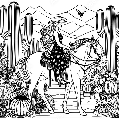 woman riding a horse in a cactus garden v9 photo