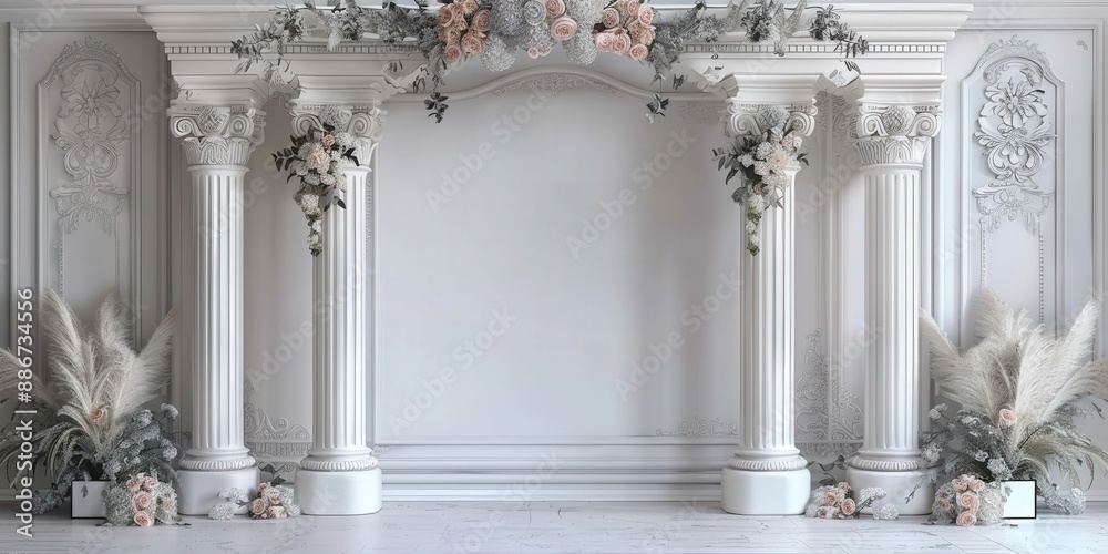 Classic Wedding Arch with White Pillars and Floral Decor Classic Wedding Arch with White Pillars and Floral Decor