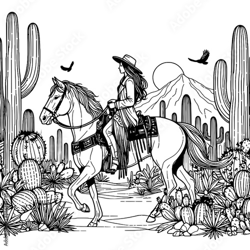 woman riding a horse in a cactus garden v2 photo