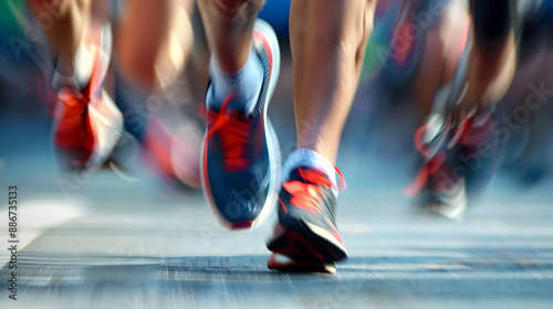 Close-Up of Runners' Feet in a Marathon Highlighting the Dedication, Endurance, and Community Spirit of Long-Distance Running Events 