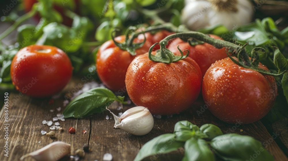 Organic tomatoes and garlic on a rustic wooden table, surrounded by fresh green leaves. Organic tomatoes and garlic on a rustic wooden table, surrounded by fresh green leaves.